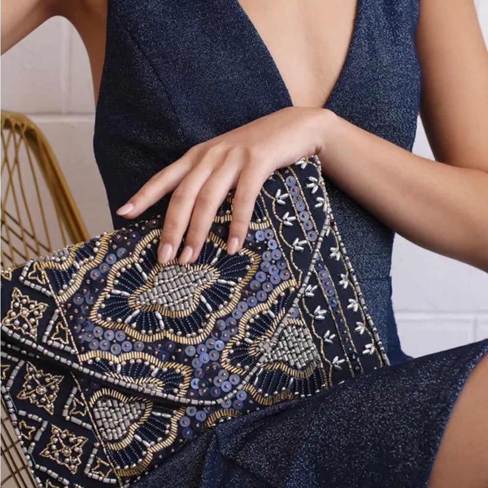 Lulu's Navy and Gold Beaded Clutch